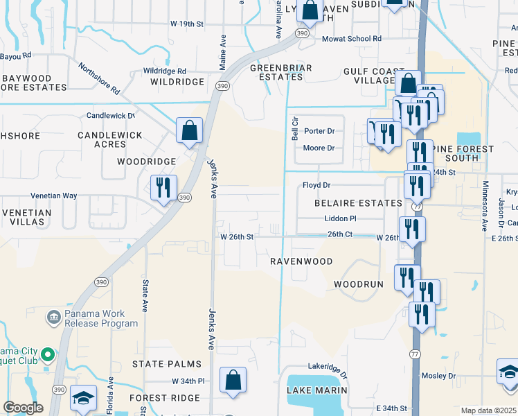map of restaurants, bars, coffee shops, grocery stores, and more near 913 Bradford Circle in Lynn Haven