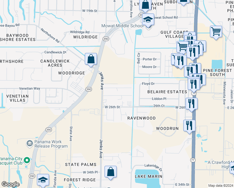 map of restaurants, bars, coffee shops, grocery stores, and more near 1025 Bradford Circle in Lynn Haven