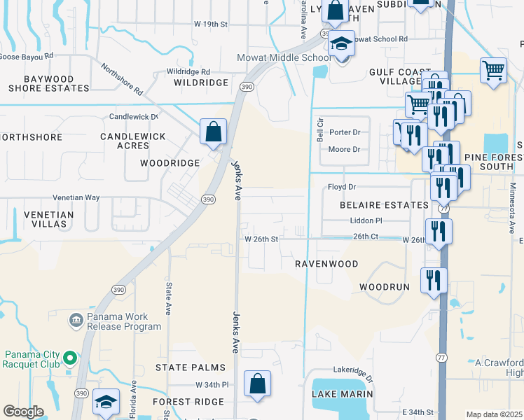 map of restaurants, bars, coffee shops, grocery stores, and more near 1025 Bradford Circle in Lynn Haven