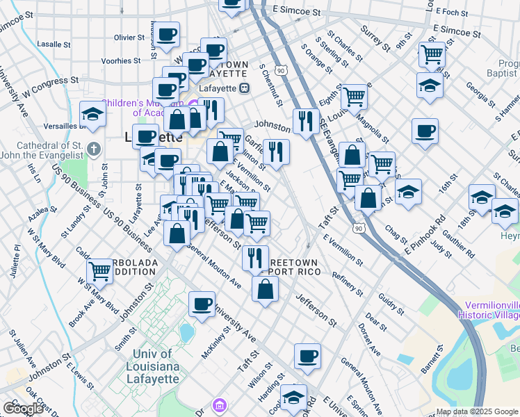 map of restaurants, bars, coffee shops, grocery stores, and more near 402 Lamar Street in Lafayette