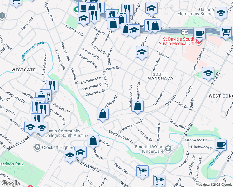 map of restaurants, bars, coffee shops, grocery stores, and more near 1411 Green Forest Drive in Austin
