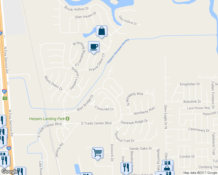 map of restaurants, bars, coffee shops, grocery stores, and more near 35 Danville Crossing Ct in Conroe