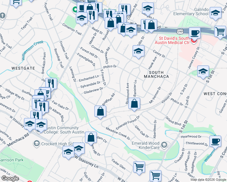 map of restaurants, bars, coffee shops, grocery stores, and more near 1411 Green Forest Drive in Austin