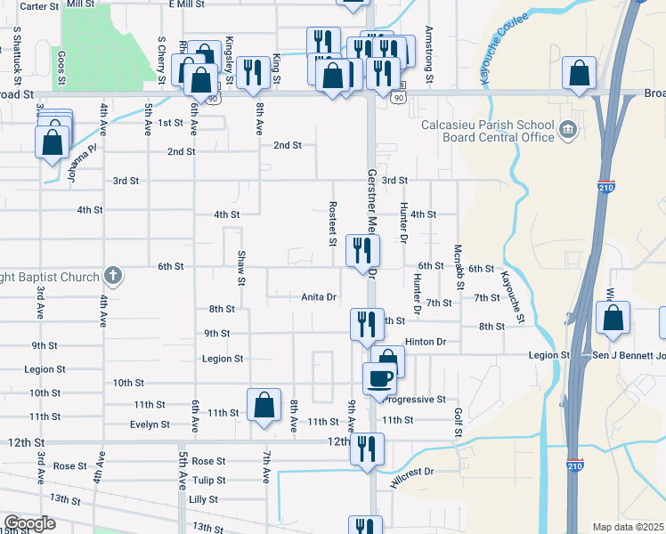 map of restaurants, bars, coffee shops, grocery stores, and more near 2499 6th St in Lake Charles