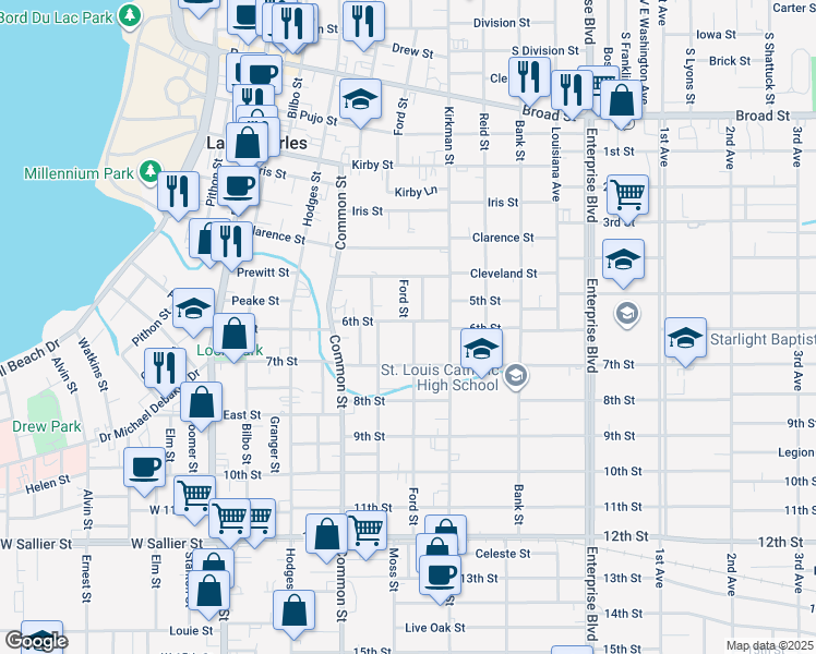 map of restaurants, bars, coffee shops, grocery stores, and more near 668 6th Street in Lake Charles