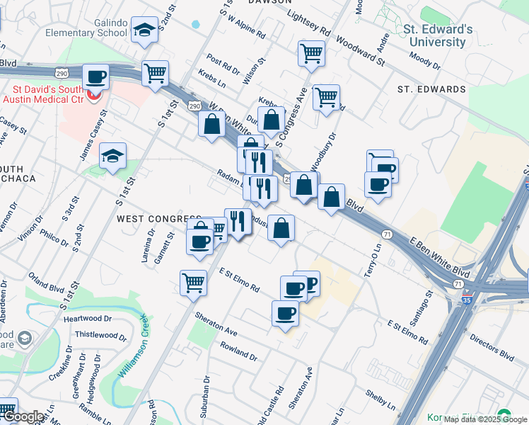 map of restaurants, bars, coffee shops, grocery stores, and more near 4201 South Congress Avenue in Austin