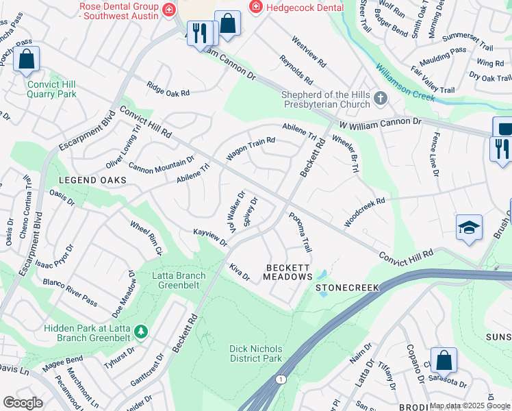 map of restaurants, bars, coffee shops, grocery stores, and more near 7407 Spivey Drive in Austin