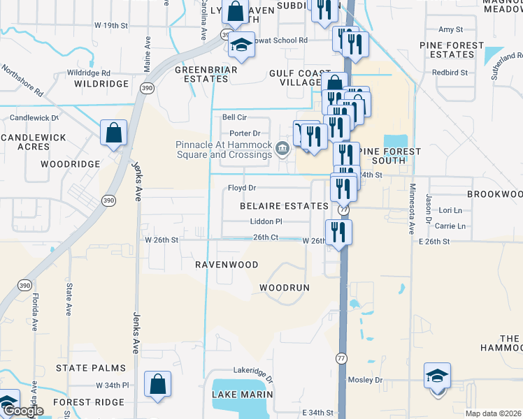 map of restaurants, bars, coffee shops, grocery stores, and more near 319 Alexander Drive in Lynn Haven