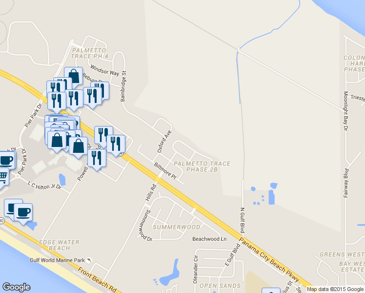 map of restaurants, bars, coffee shops, grocery stores, and more near 106 Park Place in Panama City Beach