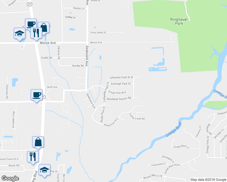 map of restaurants, bars, coffee shops, grocery stores, and more near 5593 Ortega Park Boulevard in Jacksonville