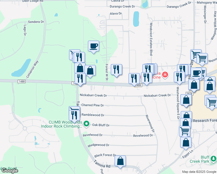 map of restaurants, bars, coffee shops, grocery stores, and more near 7307 Farm to Market Road 1488 in Magnolia