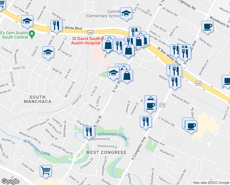 map of restaurants, bars, coffee shops, grocery stores, and more near 4405 South 1st Street in Austin