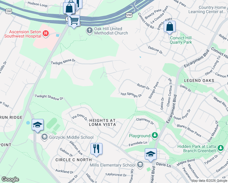 map of restaurants, bars, coffee shops, grocery stores, and more near 8304 Hot Springs Court in Austin