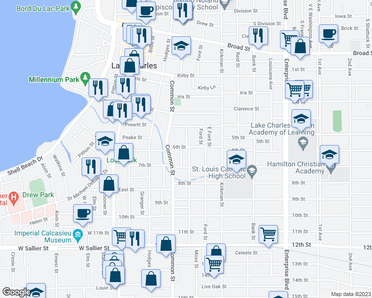 map of restaurants, bars, coffee shops, grocery stores, and more near 1506 Moss Street in Lake Charles