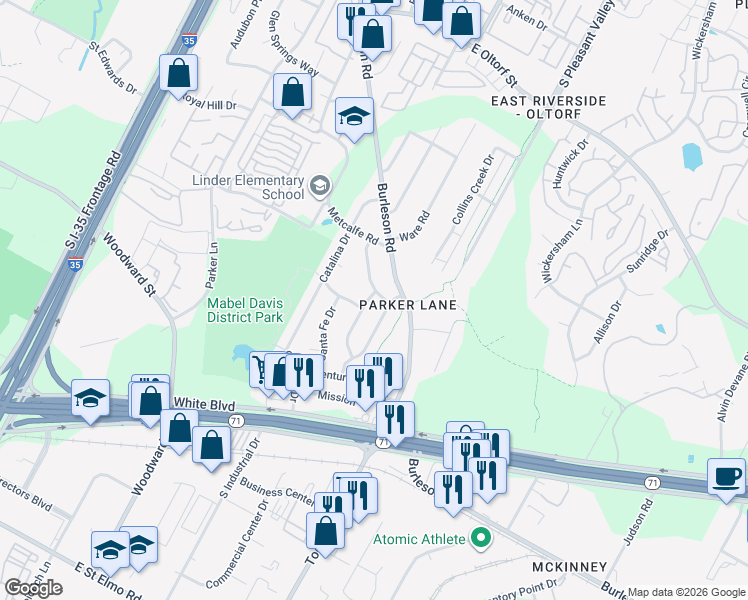 map of restaurants, bars, coffee shops, grocery stores, and more near 3104 Matador Drive in Austin