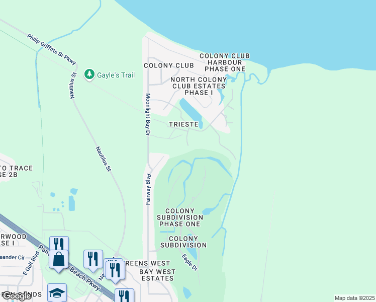 map of restaurants, bars, coffee shops, grocery stores, and more near 110 Tuscany Way in Panama City Beach