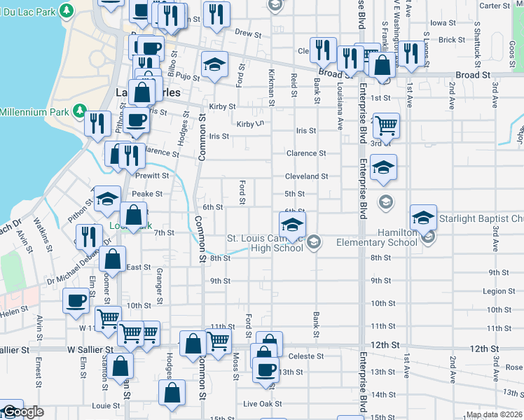 map of restaurants, bars, coffee shops, grocery stores, and more near 712 6th Street in Lake Charles