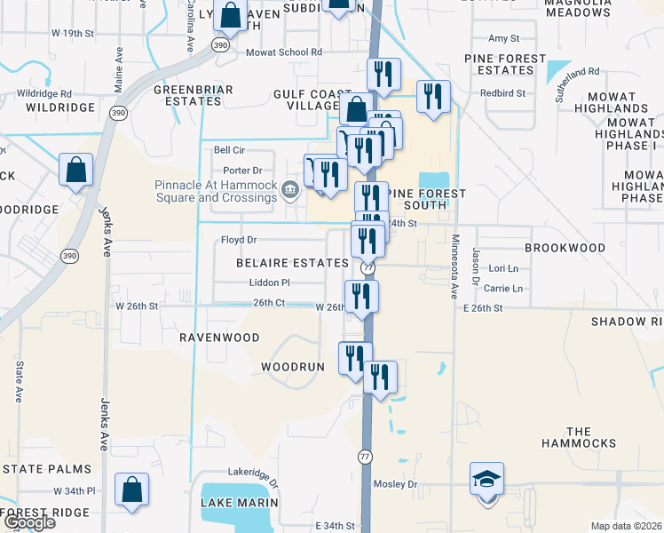 map of restaurants, bars, coffee shops, grocery stores, and more near 2501 Petty Drive in Lynn Haven