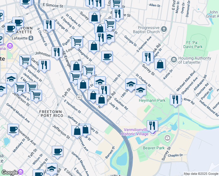 map of restaurants, bars, coffee shops, grocery stores, and more near 302 Sunnyside Lane in Lafayette