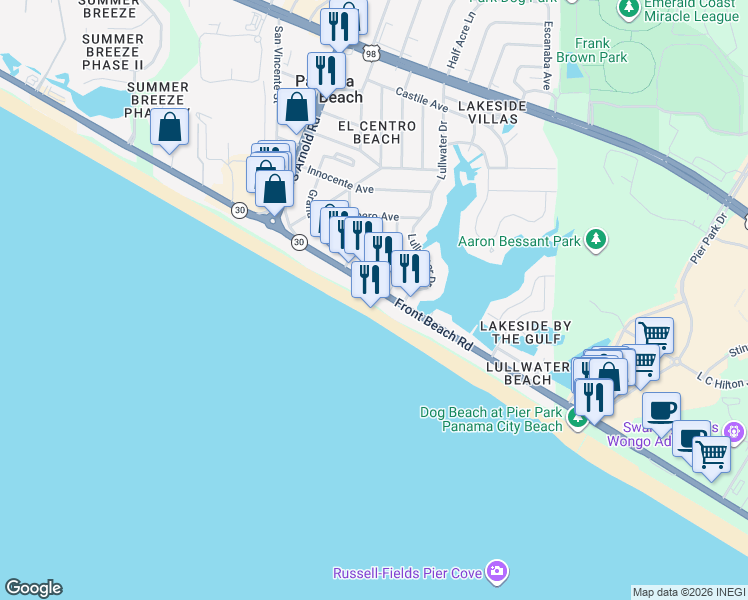 map of restaurants, bars, coffee shops, grocery stores, and more near 16819 Front Beach Road in Panama City Beach