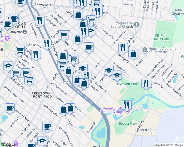 map of restaurants, bars, coffee shops, grocery stores, and more near 302 Sunnyside Lane in Lafayette