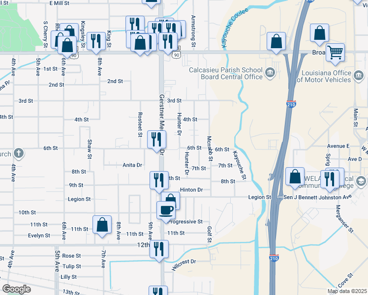 map of restaurants, bars, coffee shops, grocery stores, and more near 1409 Hunter Dr in Lake Charles