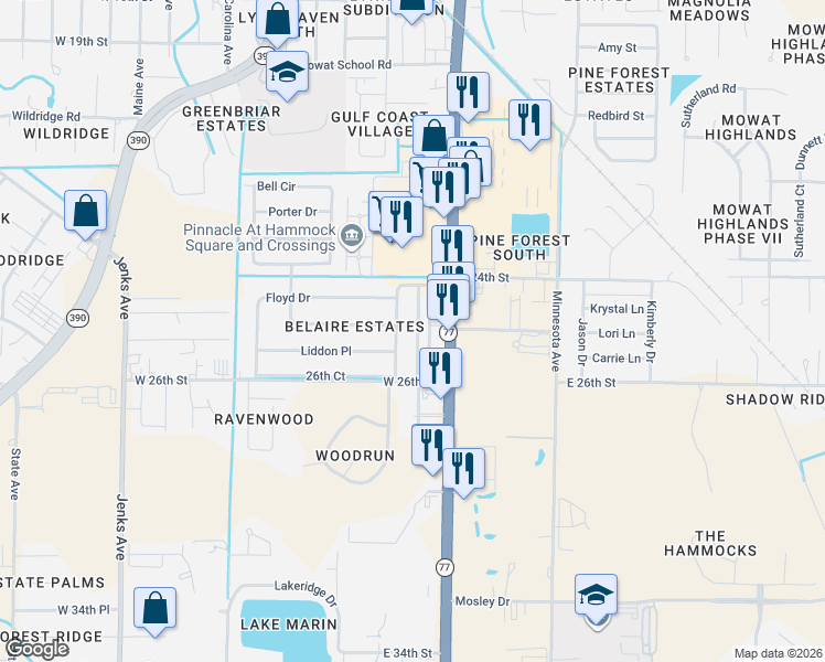 map of restaurants, bars, coffee shops, grocery stores, and more near 2501 Petty Drive in Lynn Haven