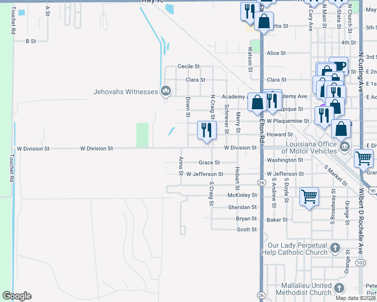 map of restaurants, bars, coffee shops, grocery stores, and more near 1001 West Division Street in Jennings