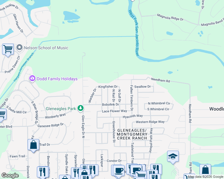 map of restaurants, bars, coffee shops, grocery stores, and more near 16738 North Rail Drive in Conroe
