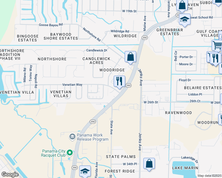 map of restaurants, bars, coffee shops, grocery stores, and more near 415 Venetian Way in Panama City