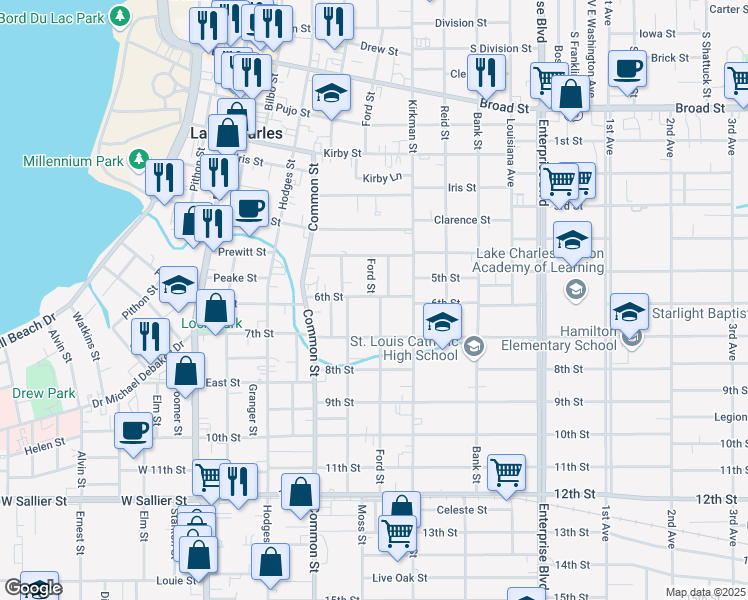 map of restaurants, bars, coffee shops, grocery stores, and more near 668 6th Street in Lake Charles