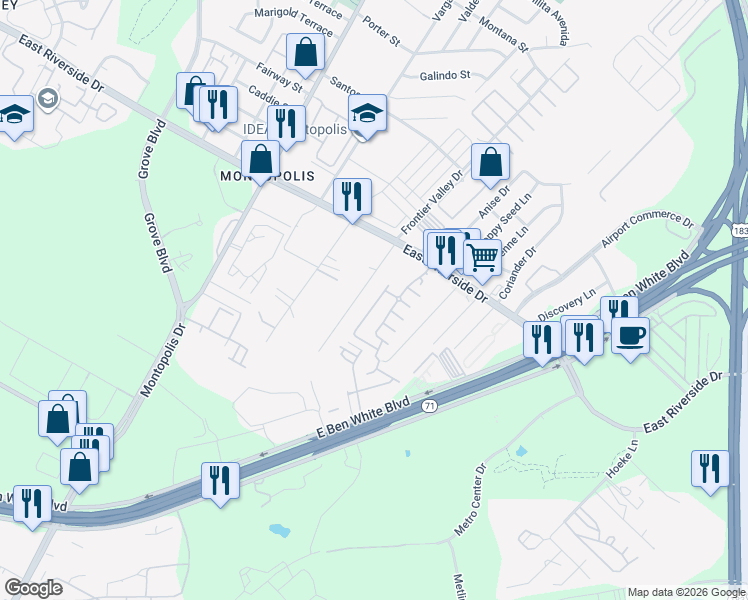 map of restaurants, bars, coffee shops, grocery stores, and more near 2129 Maxwell Lane in Austin