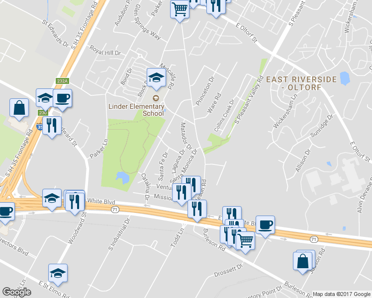map of restaurants, bars, coffee shops, grocery stores, and more near 3104 Matador Drive in Austin