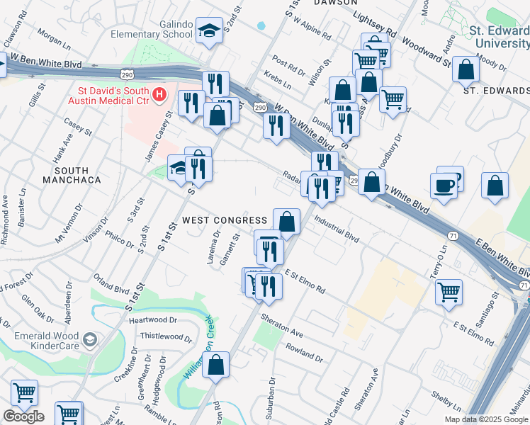 map of restaurants, bars, coffee shops, grocery stores, and more near 4300 S Congress Ave in Austin