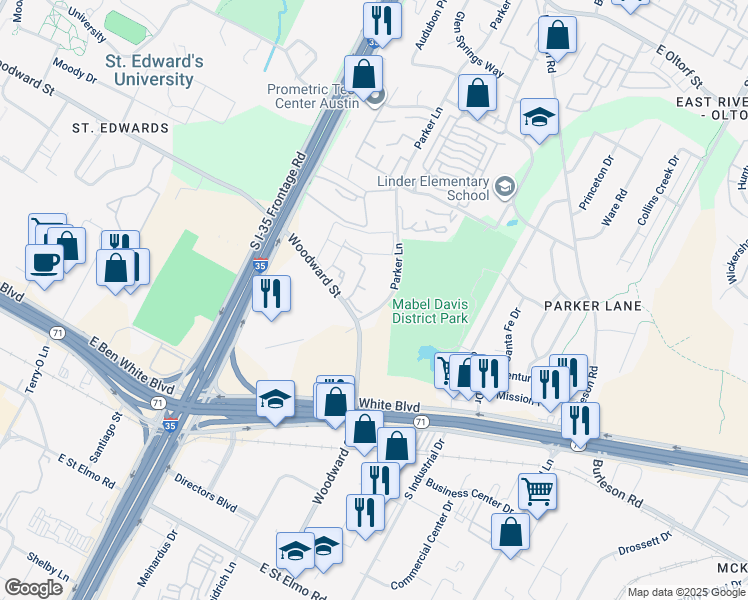 map of restaurants, bars, coffee shops, grocery stores, and more near 3424 Parker Lane in Austin