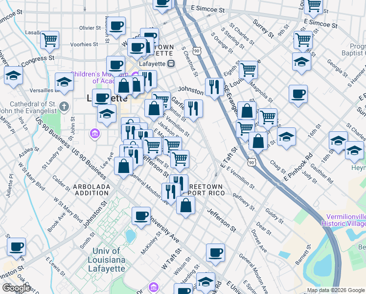 map of restaurants, bars, coffee shops, grocery stores, and more near 402 Lamar Street in Lafayette
