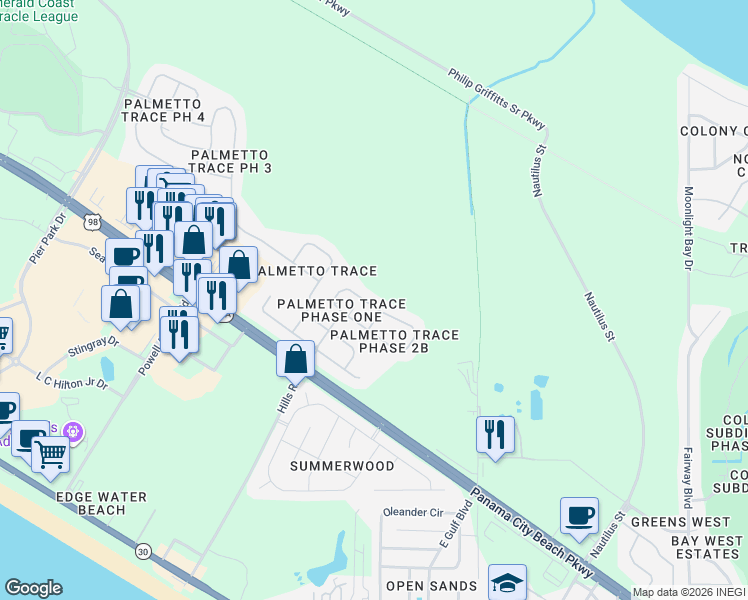 map of restaurants, bars, coffee shops, grocery stores, and more near 143 Park Place in Panama City Beach