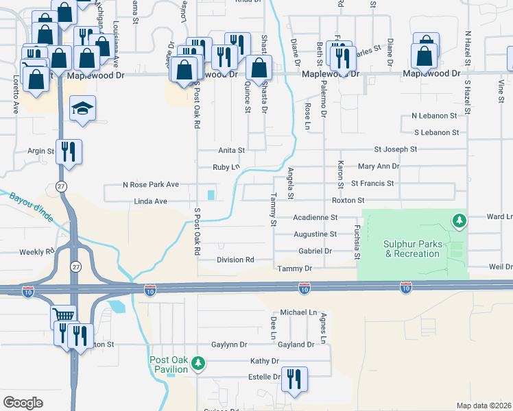 map of restaurants, bars, coffee shops, grocery stores, and more near 2232 Roxton Street in Sulphur
