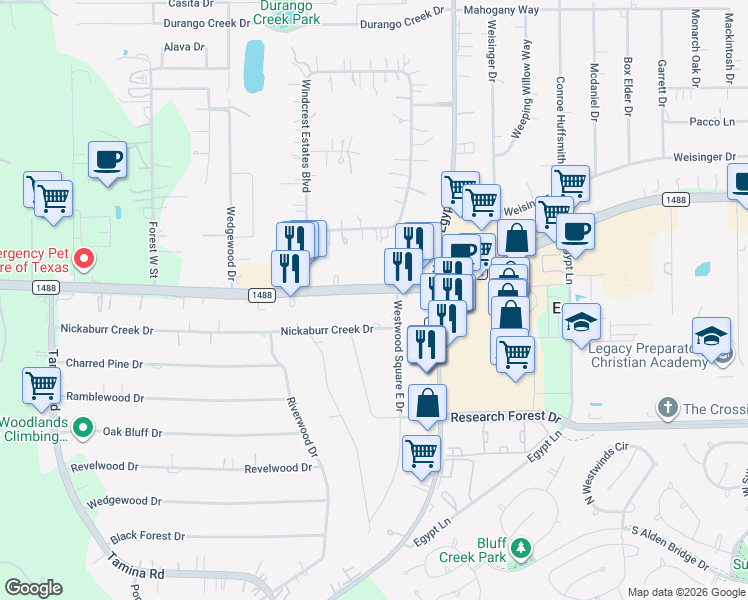 map of restaurants, bars, coffee shops, grocery stores, and more near 6875 Fm 1488 Road in Magnolia