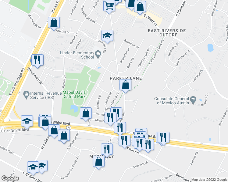 map of restaurants, bars, coffee shops, grocery stores, and more near 3101 Laguna Drive in Austin