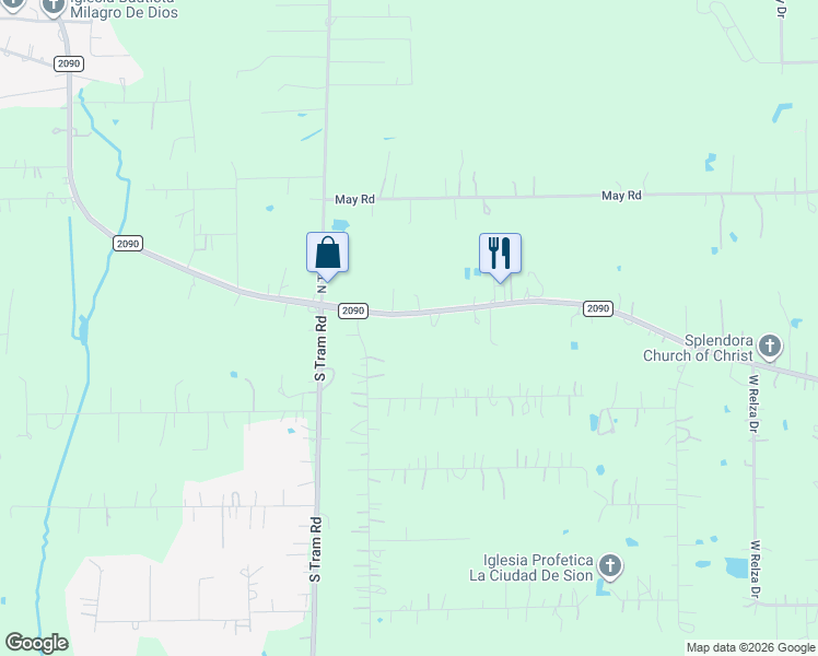map of restaurants, bars, coffee shops, grocery stores, and more near 27510 Farm to Market Road 2090 in Splendora