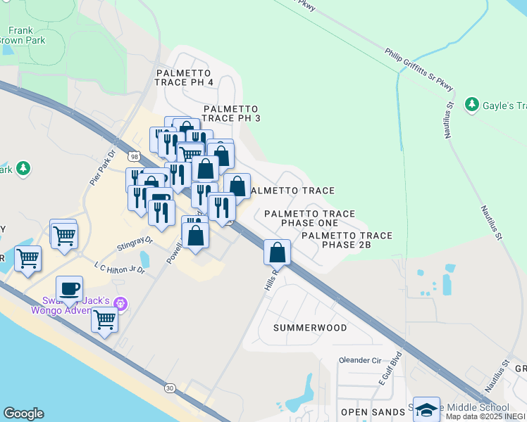 map of restaurants, bars, coffee shops, grocery stores, and more near 222 Biltmore Place in Panama City