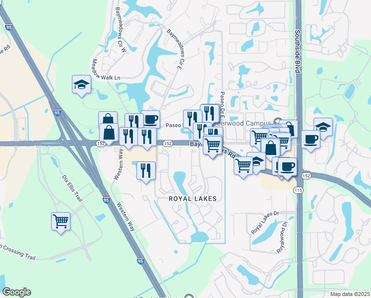 map of restaurants, bars, coffee shops, grocery stores, and more near 9432 Baymeadows Road in Jacksonville