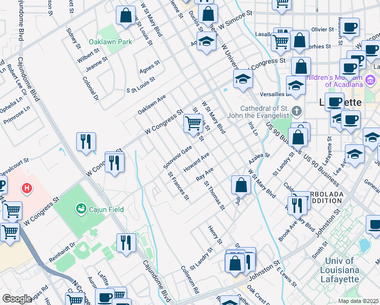 map of restaurants, bars, coffee shops, grocery stores, and more near 618 Saint Thomas Street in Lafayette