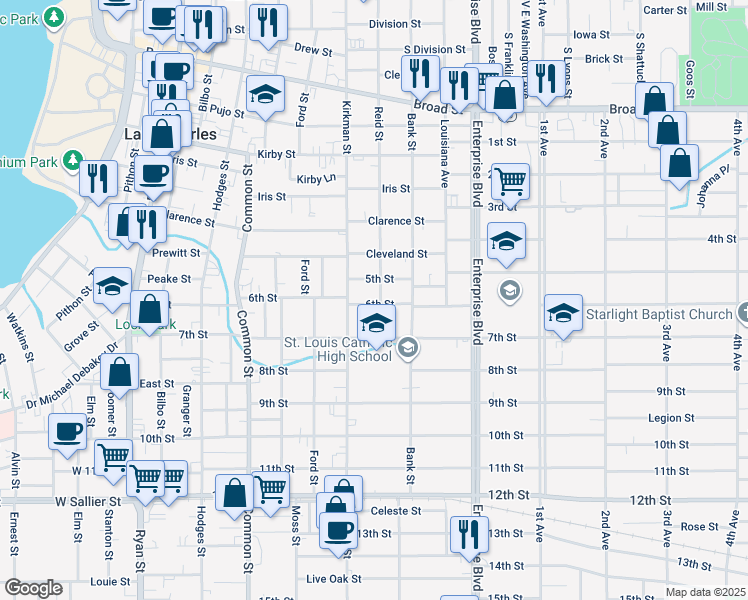 map of restaurants, bars, coffee shops, grocery stores, and more near 1414 Reid St in Lake Charles