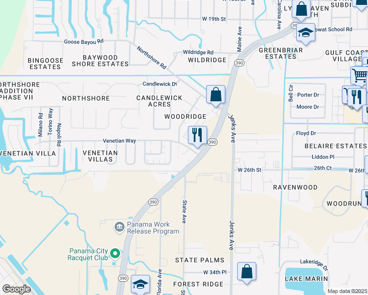 map of restaurants, bars, coffee shops, grocery stores, and more near 415 Venetian Way in Panama City