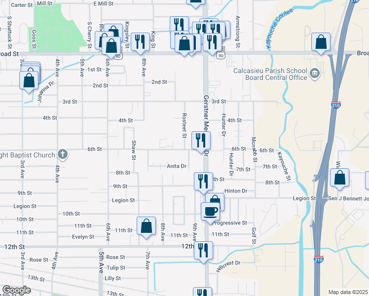 map of restaurants, bars, coffee shops, grocery stores, and more near 2505 6th St in Lake Charles
