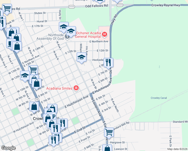map of restaurants, bars, coffee shops, grocery stores, and more near 917 East 7th Street in Crowley