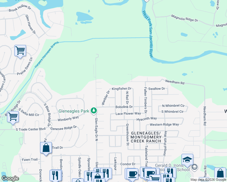 map of restaurants, bars, coffee shops, grocery stores, and more near 16734 North Bob White Drive in Conroe