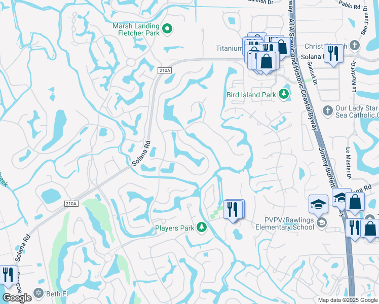 map of restaurants, bars, coffee shops, grocery stores, and more near 1187 Salt Marsh Circle in Ponte Vedra Beach